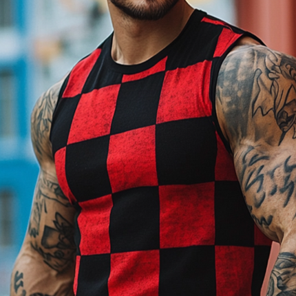 Men's Retro Checkerboard Print Tank Top | Contrast Design | Crew Neck | Sleeveless | Casual Vintage Style | Lightweight Breathable Fabric | Ideal for Warm Weather & Layering | Available in Sizes S to 3XL