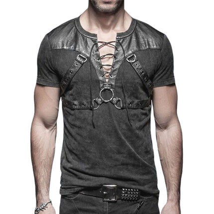 Men's Summer Fashion T-Shirt | Leather Stitching | Lace-Up Design | V Neck | Short Sleeve | Cotton Spandex Blend | Regular Fit | Casual Wear | Edgy Style | Sizes S-3XL