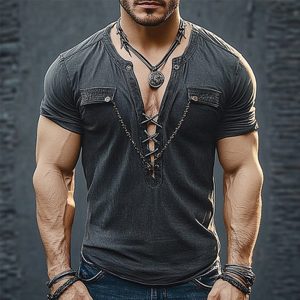 Men's Slim Fit Lace-Up T-Shirt | Detachable Chain | Casual V Neck | Short Sleeve | Summer Fashion | Breathable Cotton-Spandex Blend | Sizes S-3XL | Versatile Edgy Style | Easy Maintenance