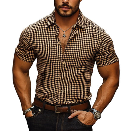 Men's Houndstooth Dress Shirt | Lapel Collar | Short Sleeve | Tailored Fit | Stylish & Versatile | Casual & Semi-Formal | Quality Fabric | Timeless Design | Comfortable & Breathable | Perfect for Warm Weather