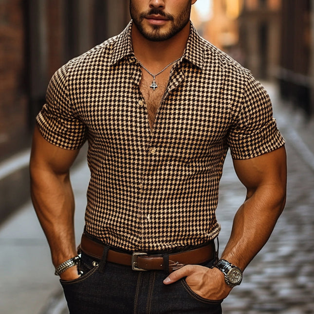 Men's Houndstooth Dress Shirt | Lapel Collar | Short Sleeve | Tailored Fit | Stylish & Versatile | Casual & Semi-Formal | Quality Fabric | Timeless Design | Comfortable & Breathable | Perfect for Warm Weather