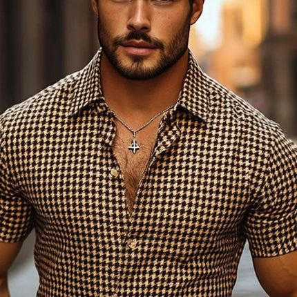 Men's Houndstooth Dress Shirt | Lapel Collar | Short Sleeve | Tailored Fit | Stylish & Versatile | Casual & Semi-Formal | Quality Fabric | Timeless Design | Comfortable & Breathable | Perfect for Warm Weather