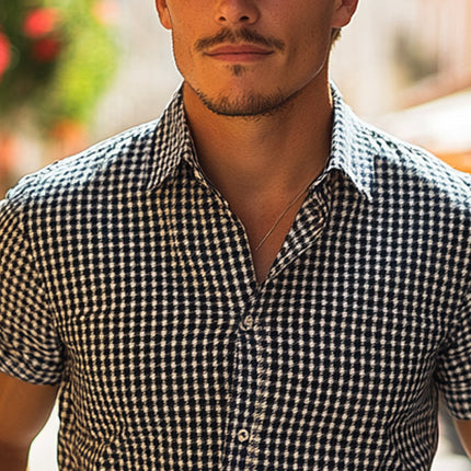 Men's Plaid Print Short Sleeve Casual Shirt | Breathable Fabric | Classic & Versatile Design | Timeless Pattern | Modern Fit | Durable | Perfect for Various Occasions | Fashionable Warm Weather Shirt