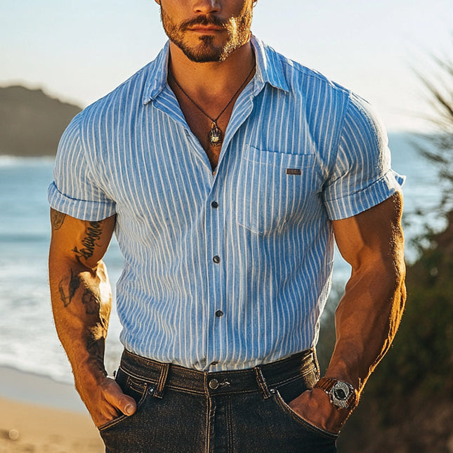 Men's Short Sleeve Striped Shirt | Casual Lapel Collar | Breathable Fabric | Comfortable Fit | Versatile Design | Classic Color Options | Perfect for Casual & Semi-Formal Occasions