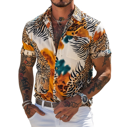 Men's Short Sleeve Shirt | Retro Animal Print | Lapel Collar | Casual Style | Unique Texture Design | Summer Fashion