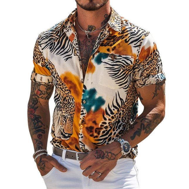 Men's Short Sleeve Shirt | Retro Animal Print | Lapel Collar | Casual Style | Unique Texture Design | Summer Fashion