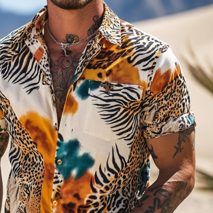 Men's Short Sleeve Shirt | Retro Animal Print | Lapel Collar | Casual Style | Unique Texture Design | Summer Fashion
