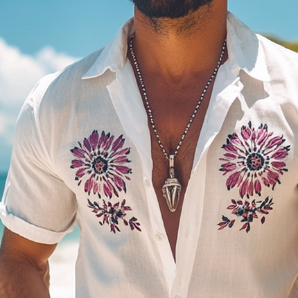 Men's Floral Print Linen Shirt | Short Sleeve Lapel Collar | Retro Casual Style | Lightweight Breathable Fabric | Vintage Aesthetic | Summer Spring Outfit | Multiple Sizes Available