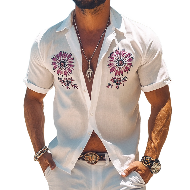 Men's Floral Print Linen Shirt | Short Sleeve Lapel Collar | Retro Casual Style | Lightweight Breathable Fabric | Vintage Aesthetic | Summer Spring Outfit | Multiple Sizes Available