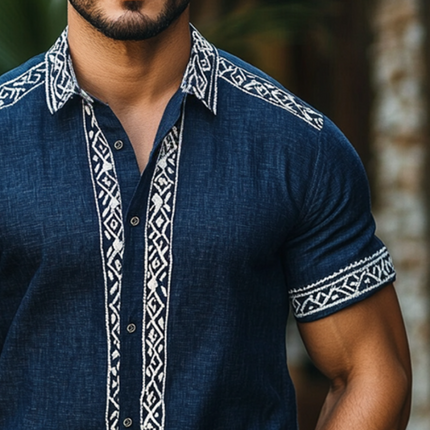 Men's Retro Geometric Print Linen Shirt | Ethnic Style | Short Sleeve | Lapel Collar | Breathable Casual Wear | Artistic Flair | S to 3XL Sizes | Comfortable Fit