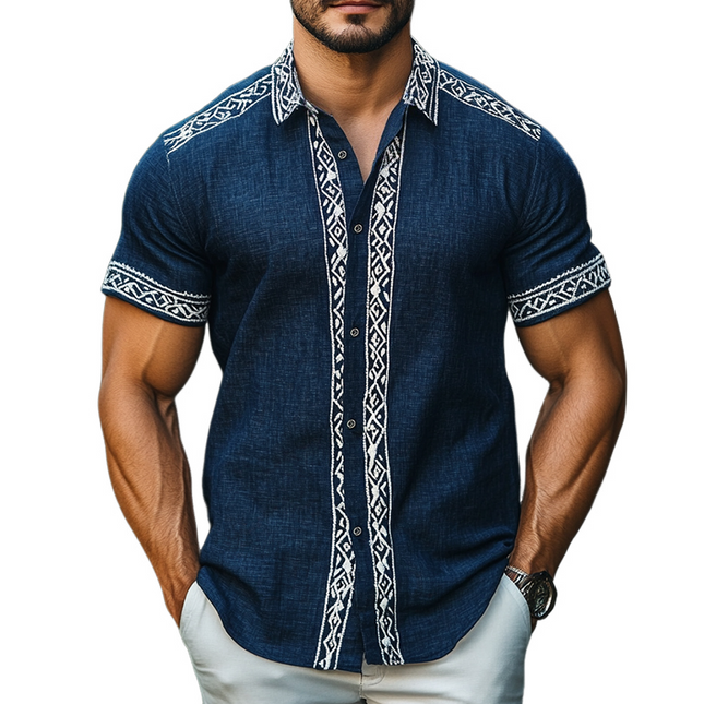 Men's Retro Geometric Print Linen Shirt | Ethnic Style | Short Sleeve | Lapel Collar | Breathable Casual Wear | Artistic Flair | S to 3XL Sizes | Comfortable Fit