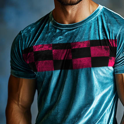 Men's Velvet T-Shirt | Checkerboard Print | Round Neck | Short Sleeve | Casual Wear | Soft Texture | Fashionable Design | Unique Pattern | Comfortable Fit | Various Sizes | Stylish Everyday Outfit