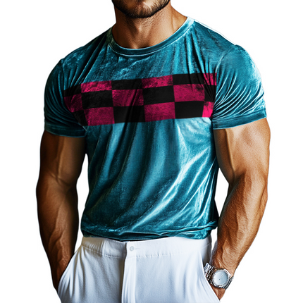 Men's Velvet T-Shirt | Checkerboard Print | Round Neck | Short Sleeve | Casual Wear | Soft Texture | Fashionable Design | Unique Pattern | Comfortable Fit | Various Sizes | Stylish Everyday Outfit