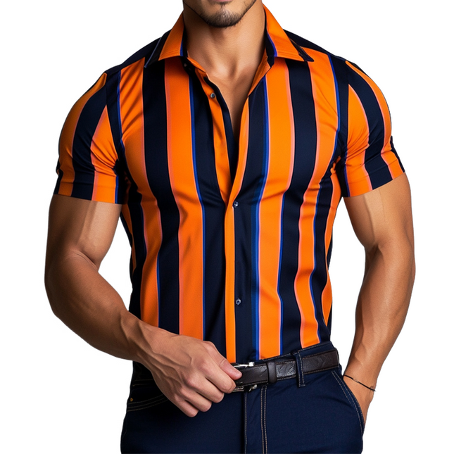 Men's Stripe Print Short Sleeve Lapel Shirt | Casual & Semi-Formal | Classic Style | Comfortable & Durable Fabric | Available in S to 3XL | Breathable & Wrinkle-Resistant