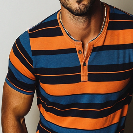 Men's Stripe Print Henley Neck T-Shirt | Short Sleeve Casual Top | Breathable Fabric | Classic Button Placket | Stylish V-Neck Collar | Comfortable Everyday Wear | Available in Sizes S to 3XL