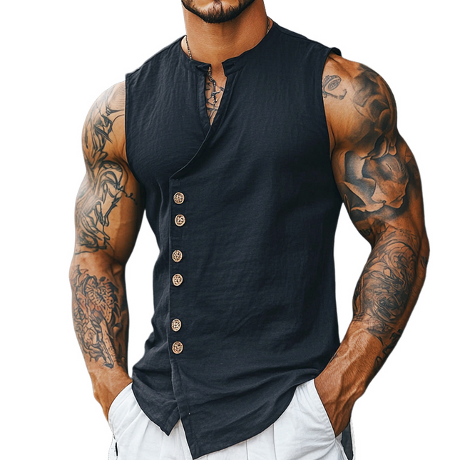 Men's Retro Solid Color Linen Tank Top | Stand Collar Sleeveless | Summer Casual Shirt | Versatile Comfortable Fit | Vintage Style | Breathable Linen Fabric | Available in Sizes S-3XL