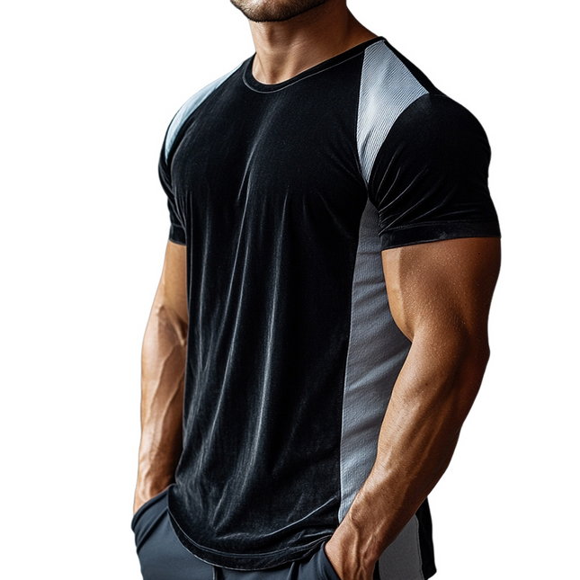 Men's Retro Velvet Stitching Short Sleeve T-Shirt | Round Neck Casual Top | Comfortable & Stylish | High-Quality Fabric | Versatile Fashion | Multiple Sizes Available