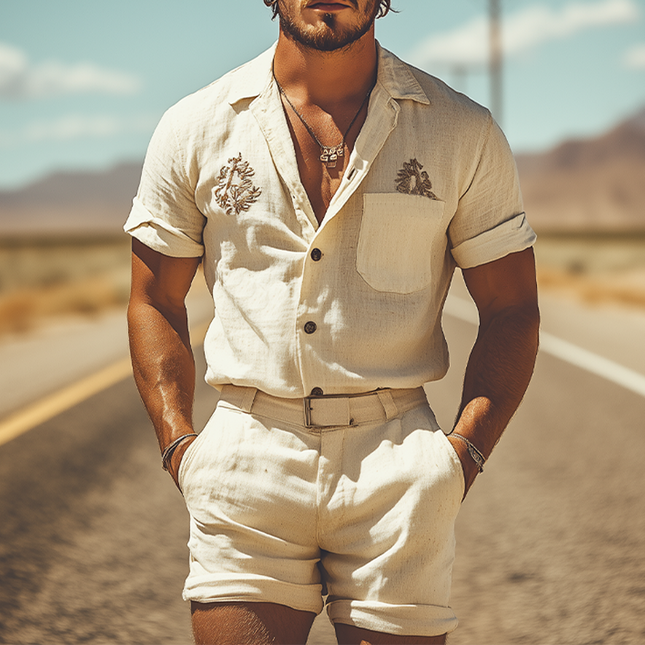 Men's Summer Casual Set | Cotton Linen Embroidered Shirt & Shorts | Western Style | Lightweight Breathable Fabric | Comfortable Relaxed Fit | Ideal for Vacations & Weekends | Without Belt