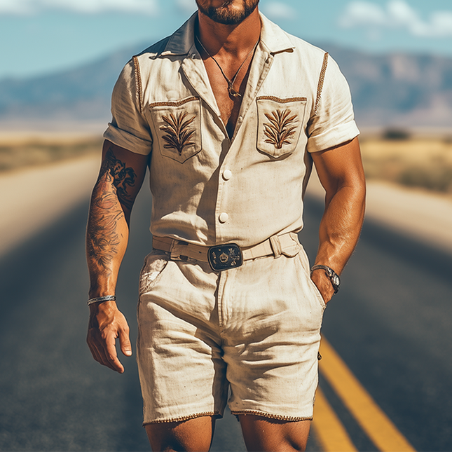 Men's Retro Western Style Jumpsuit | Summer Fashion | Cotton Linen Blend | Pocket Embroidery | Breathable & Comfortable | All-in-One Casual Outfit | Stylish Design | Without Belt | Versatile & Functional