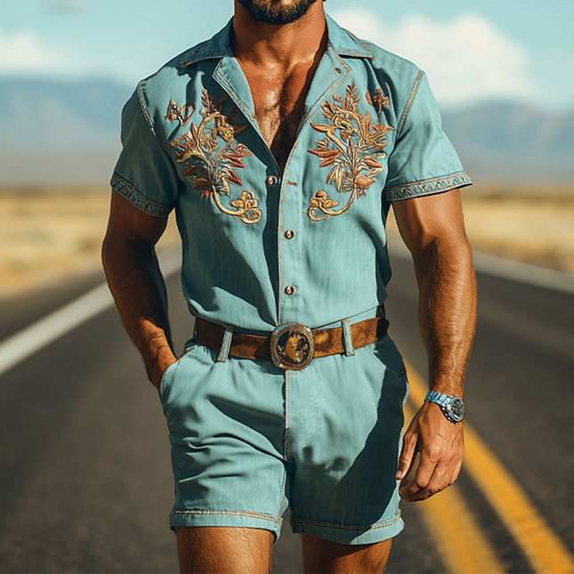 Men's Summer Retro Tencel Denim Jumpsuit | Casual Western Style | Embroidered Details | Breathable Lightweight Fabric | Soft and Eco-Friendly | No Belt Included | Ideal for Warm Weather | Stylish All-in-One Outfit