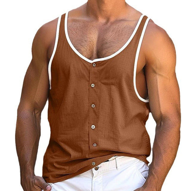 Men's Crew Neck Tank Top | Contrast Button Design | Premium Fabric | Comfortable & Breathable | Versatile Casual Wear