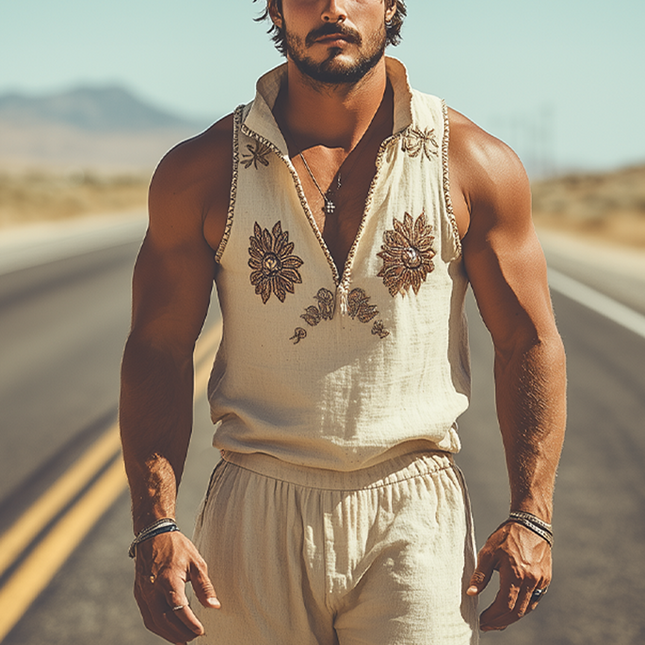 Men's Summer Fashion | Retro Western Style | Deep V Neck Tank Top | Cotton Linen Blend | Embroidered Design | Lightweight Breathable | Casual Versatile | Relaxed Fit | Stylish Summer Apparel