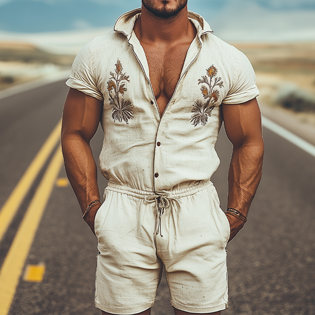Men's Hooded Cotton Linen Jumpsuit | Spring Summer Style | Western Embroidered Shirt Design | Relaxed Fit | Fashionable & Functional | Lightweight & Breathable | Perfect for Casual Outings & Festivals