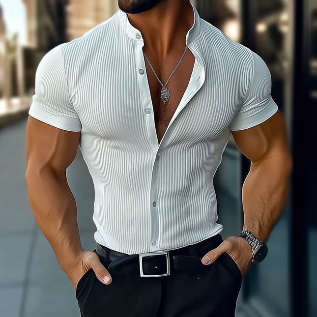 Men's Short Sleeve Shirt | Stand Collar | Solid Striped Pattern | Casual Style | Lightweight | Breathable Fabric | Versatile with Jeans & Chinos | Perfect for Semi-Formal & Casual Outings