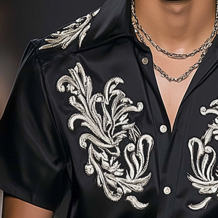 Men's Satin Shirt | Vintage Silver Embroidery | Summer Short Sleeve | Luxurious Satin Fabric | Classic Spread Collar | Regular Fit | Available S-3XL | Evening Wear | Wedding | Party | Elegant Statement