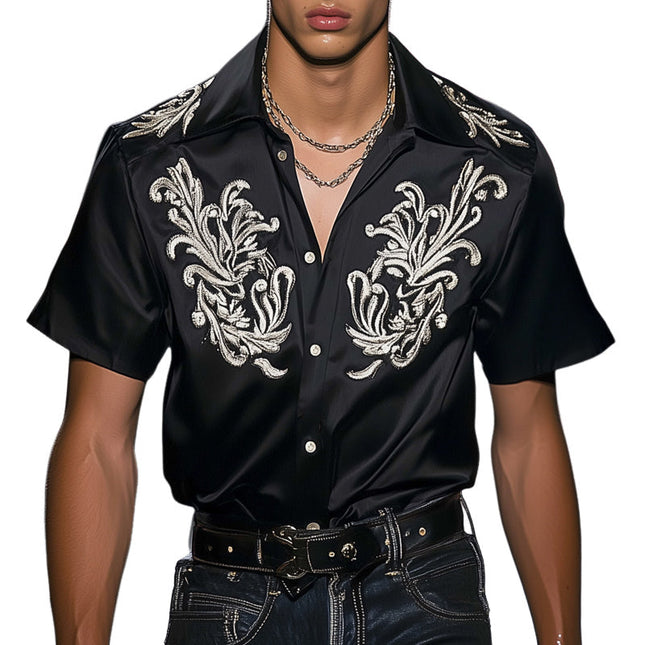 Men's Satin Shirt | Vintage Silver Embroidery | Summer Short Sleeve | Luxurious Satin Fabric | Classic Spread Collar | Regular Fit | Available S-3XL | Evening Wear | Wedding | Party | Elegant Statement
