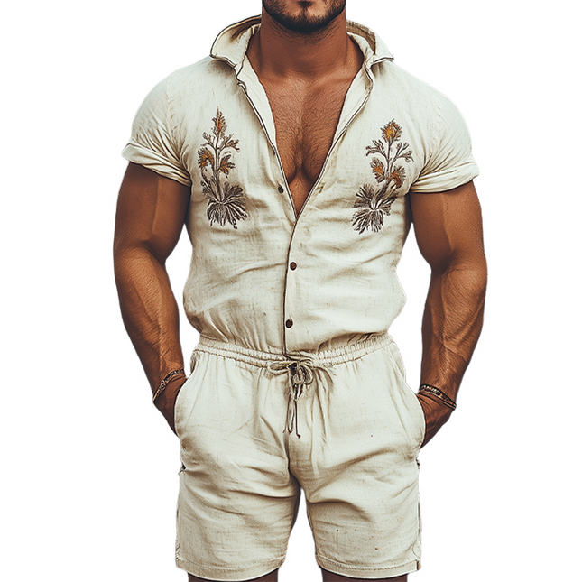 Men's Hooded Cotton Linen Jumpsuit | Spring Summer Style | Western Embroidered Shirt Design | Relaxed Fit | Fashionable & Functional | Lightweight & Breathable | Perfect for Casual Outings & Festivals