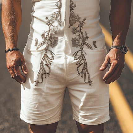 Men's Summer Western Hooded Zipper Jumpsuit | Cotton Linen Blend | Heavy Embroidery | Stylish Casual One-Piece