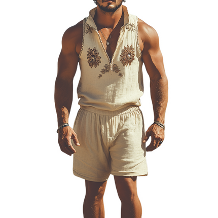 Men's Summer Fashion Set | Western Style Cotton Linen | Stand Collar Embroidered Vest | Elastic Waist Shorts | Breathable Comfortable Design