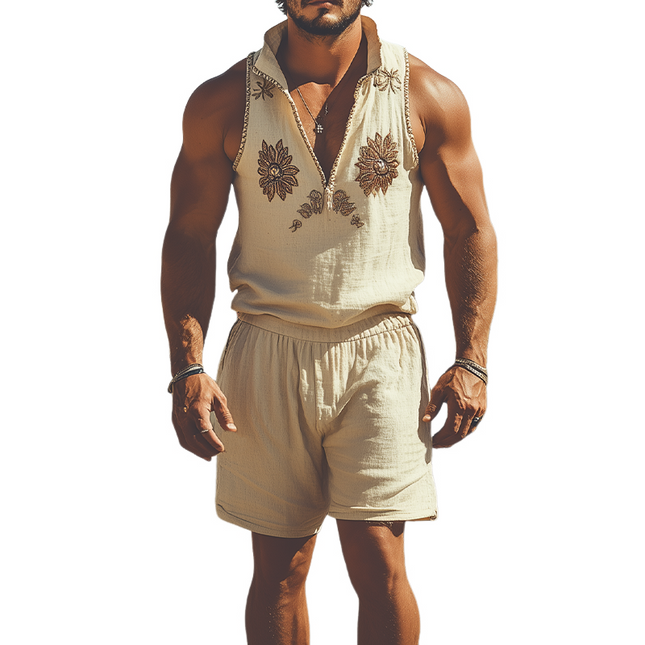 Men's Summer Fashion Set | Western Style Cotton Linen | Stand Collar Embroidered Vest | Elastic Waist Shorts | Breathable Comfortable Design