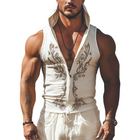 Men's Slim Fit Hooded Tank Top | Cotton Linen Blend | Western Style | Embroidered Design | Zipper Front | Casual Summer Wear