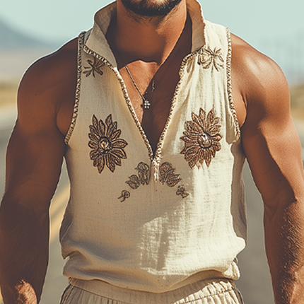 Men's Summer Fashion | Retro Western Style | Deep V Neck Tank Top | Cotton Linen Blend | Embroidered Design | Lightweight Breathable | Casual Versatile | Relaxed Fit | Stylish Summer Apparel