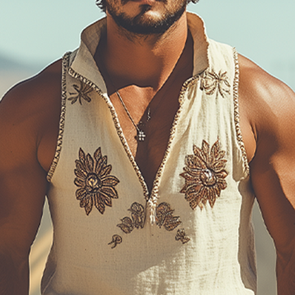 Men's Summer Fashion | Retro Western Style | Deep V Neck Tank Top | Cotton Linen Blend | Embroidered Design | Lightweight Breathable | Casual Versatile | Relaxed Fit | Stylish Summer Apparel