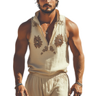 Men's Summer Fashion | Retro Western Style | Deep V Neck Tank Top | Cotton Linen Blend | Embroidered Design | Lightweight Breathable | Casual Versatile | Relaxed Fit | Stylish Summer Apparel