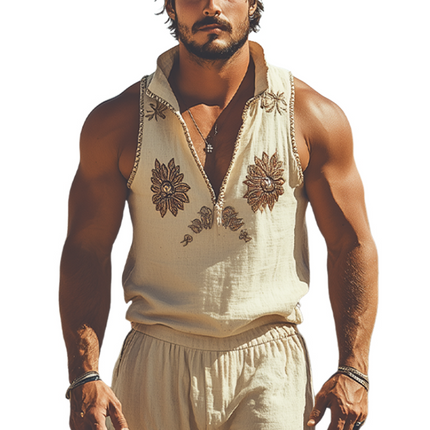 Men's Summer Fashion | Retro Western Style | Deep V Neck Tank Top | Cotton Linen Blend | Embroidered Design | Lightweight Breathable | Casual Versatile | Relaxed Fit | Stylish Summer Apparel
