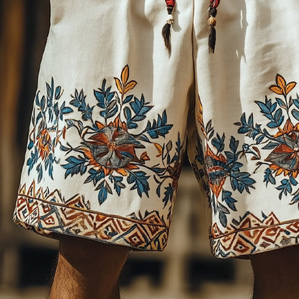 Men's Retro Embroidered Loose Shorts | Summer Cotton Blend | Casual Style | Relaxed Fit | Elastic Waistband with Drawstring | Functional Pockets | Lightweight and Breathable Fabric for Warm Weather