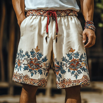 Men's Retro Embroidered Loose Shorts | Summer Cotton Blend | Casual Style | Relaxed Fit | Elastic Waistband with Drawstring | Functional Pockets | Lightweight and Breathable Fabric for Warm Weather