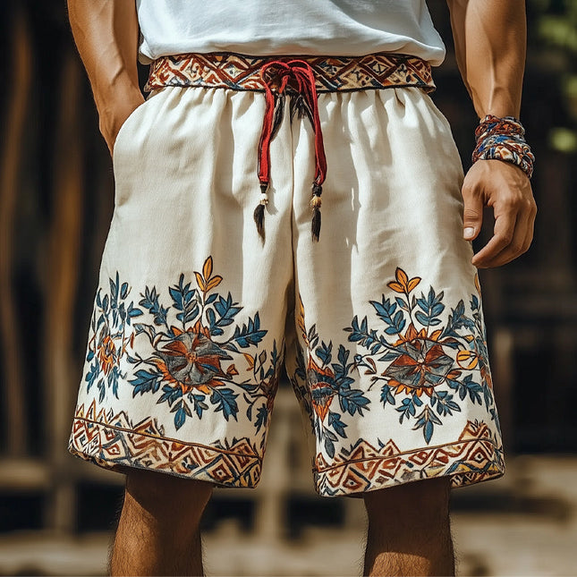 Men's Retro Embroidered Loose Shorts | Summer Cotton Blend | Casual Style | Relaxed Fit | Elastic Waistband with Drawstring | Functional Pockets | Lightweight and Breathable Fabric for Warm Weather