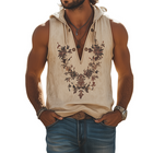 Men's Hooded Suede Tank Top | Retro Western Style | Deep V-Neck | Embroidered Design | Casual Summer Fashion | Luxurious Soft Fabric | Comfortable Relaxed Fit | Versatile Sleeveless Top