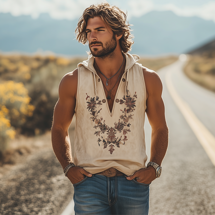 Men's Hooded Suede Tank Top | Retro Western Style | Deep V-Neck | Embroidered Design | Casual Summer Fashion | Luxurious Soft Fabric | Comfortable Relaxed Fit | Versatile Sleeveless Top
