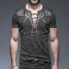 Men's Summer Fashion T-Shirt | Leather Stitching | Lace-Up Design | V Neck | Short Sleeve | Cotton Spandex Blend | Regular Fit | Casual Wear | Edgy Style | Sizes S-3XL