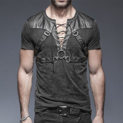 Men's Summer Fashion T-Shirt | Leather Stitching | Lace-Up Design | V Neck | Short Sleeve | Cotton Spandex Blend | Regular Fit | Casual Wear | Edgy Style | Sizes S-3XL