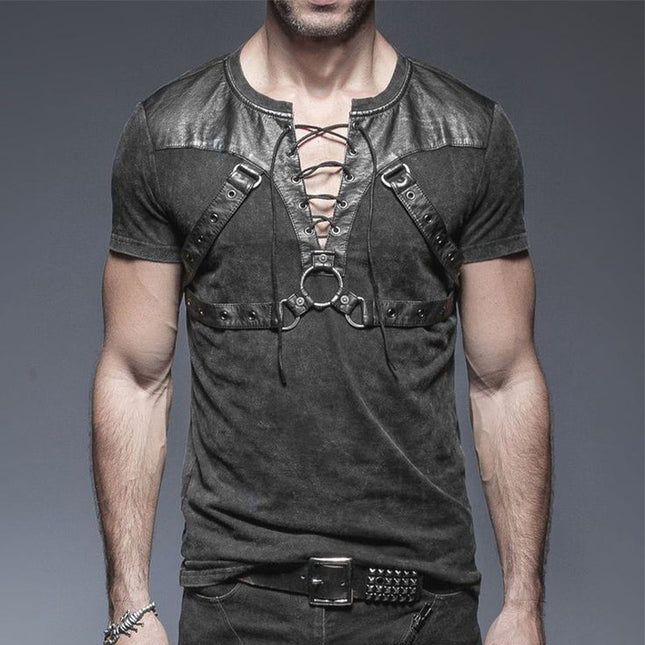 Men's Summer Fashion T-Shirt | Leather Stitching | Lace-Up Design | V Neck | Short Sleeve | Cotton Spandex Blend | Regular Fit | Casual Wear | Edgy Style | Sizes S-3XL