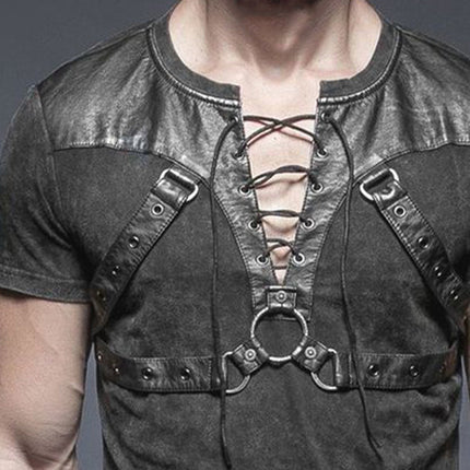 Men's Summer Fashion T-Shirt | Leather Stitching | Lace-Up Design | V Neck | Short Sleeve | Cotton Spandex Blend | Regular Fit | Casual Wear | Edgy Style | Sizes S-3XL