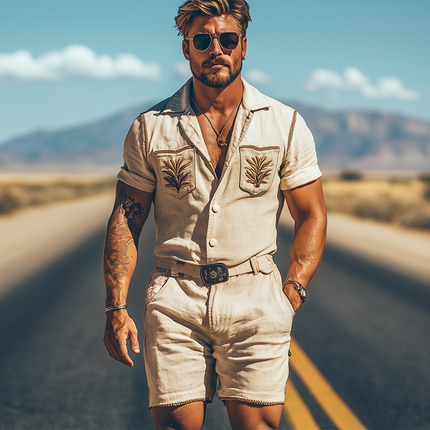 Men's Retro Western Style Jumpsuit | Summer Fashion | Cotton Linen Blend | Pocket Embroidery | Breathable & Comfortable | All-in-One Casual Outfit | Stylish Design | Without Belt | Versatile & Functional