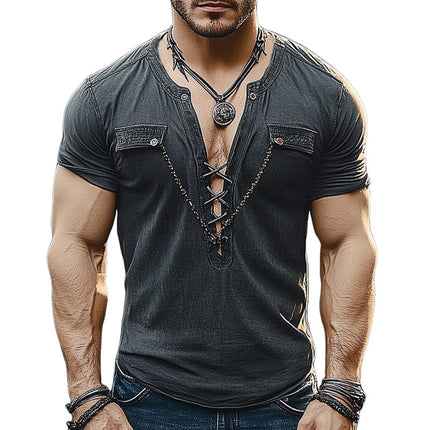Men's Slim Fit Lace-Up T-Shirt | Detachable Chain | Casual V Neck | Short Sleeve | Summer Fashion | Breathable Cotton-Spandex Blend | Sizes S-3XL | Versatile Edgy Style | Easy Maintenance